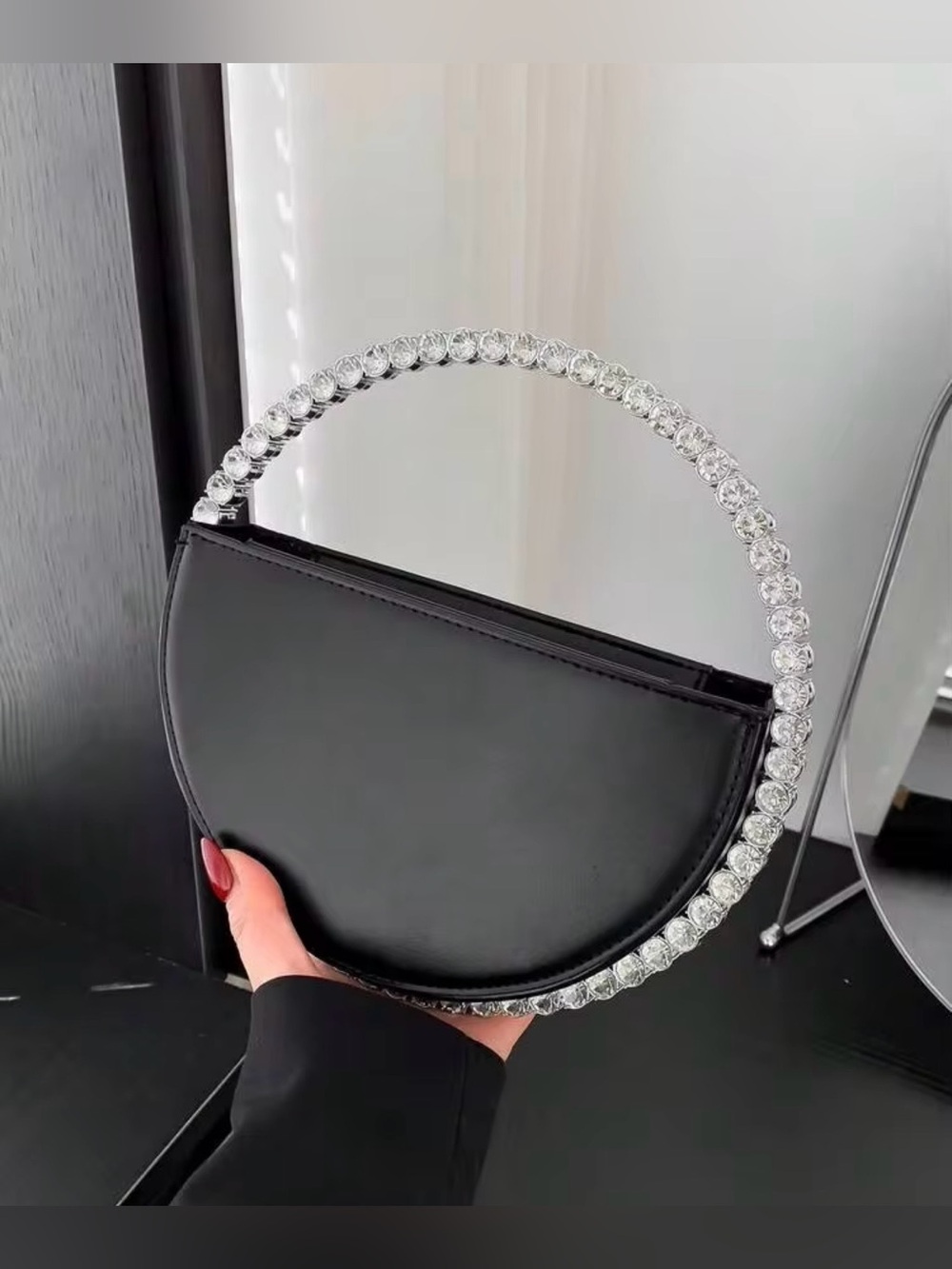 Sparkly Bling Handle Evening Bag | Black Leatherette Faux Leather Purse